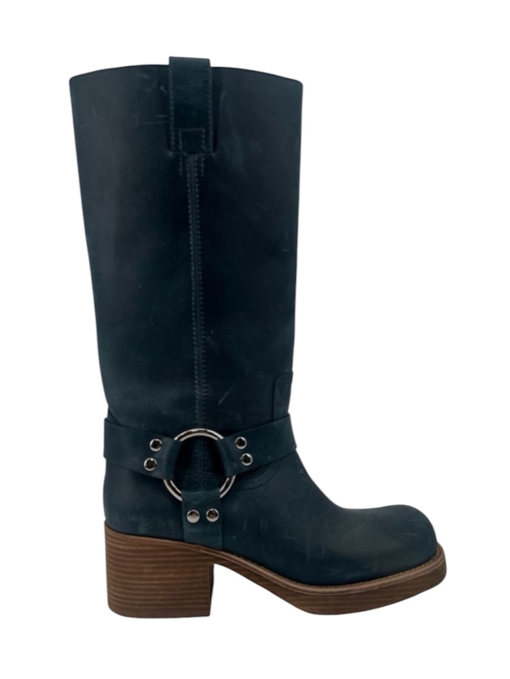 Jeffrey Campbell Reflection Blue Harness Mid-Calf Boots with Brown Stacked Heel